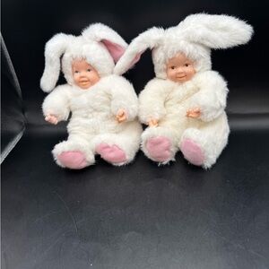 Anne Geddes Two Baby Bunny White Pink Blue Eyes Vintage Plush 8" Toy Lovey 1997
